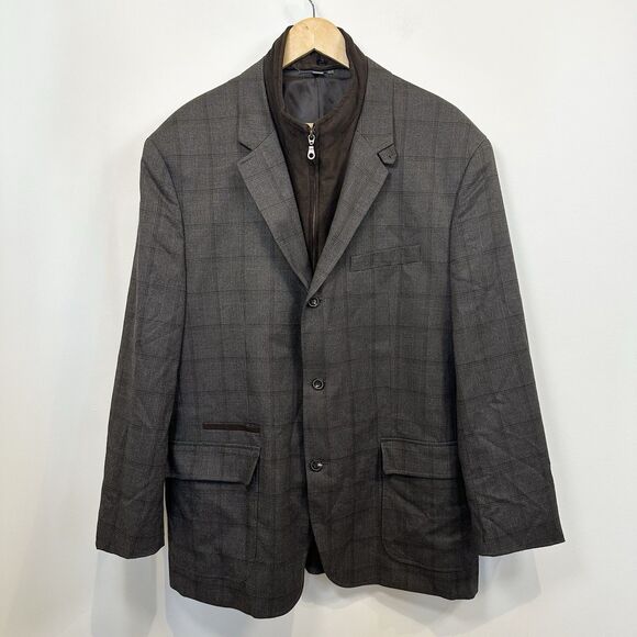 Johnston & Murphy Blazer Men XXL Brown Jacket Sport Coat Lined Plaid Window Pain - Picture 1 of 12